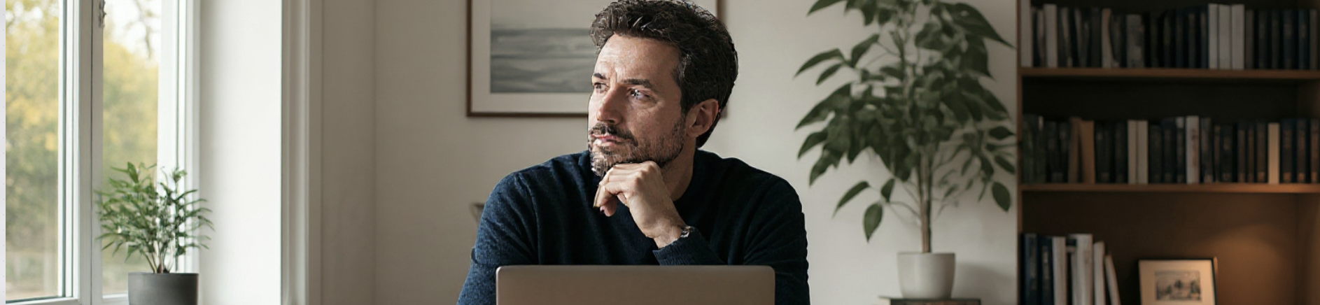 Professional reflecting beside a window with a laptop in a home office